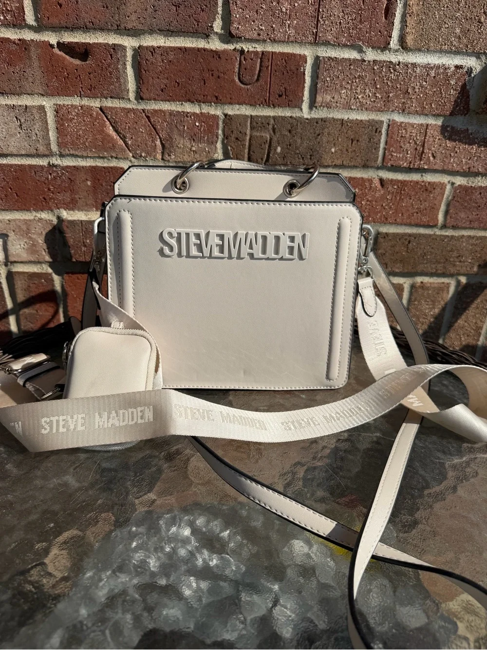Steve Madden Bevelyn Cream Crossbody Bag with Logo Strap & thin strap